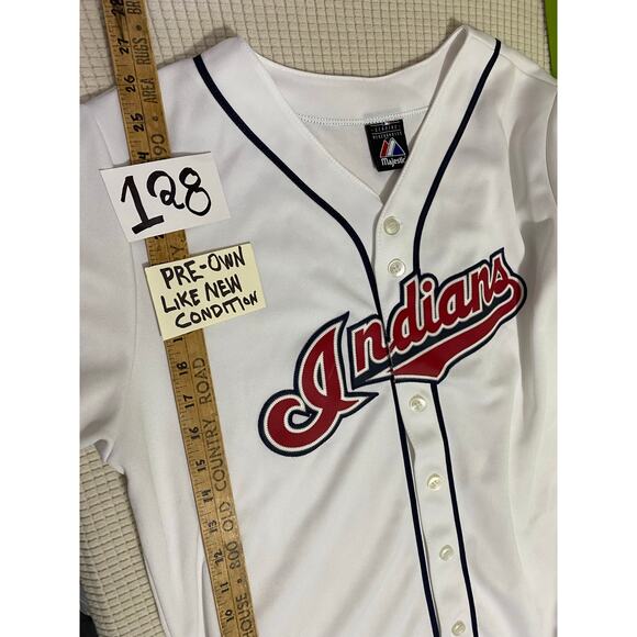 Majestic Indians Baseball Jersey White Button-Up Medium Red Navy Logo - Picture 4 of 9